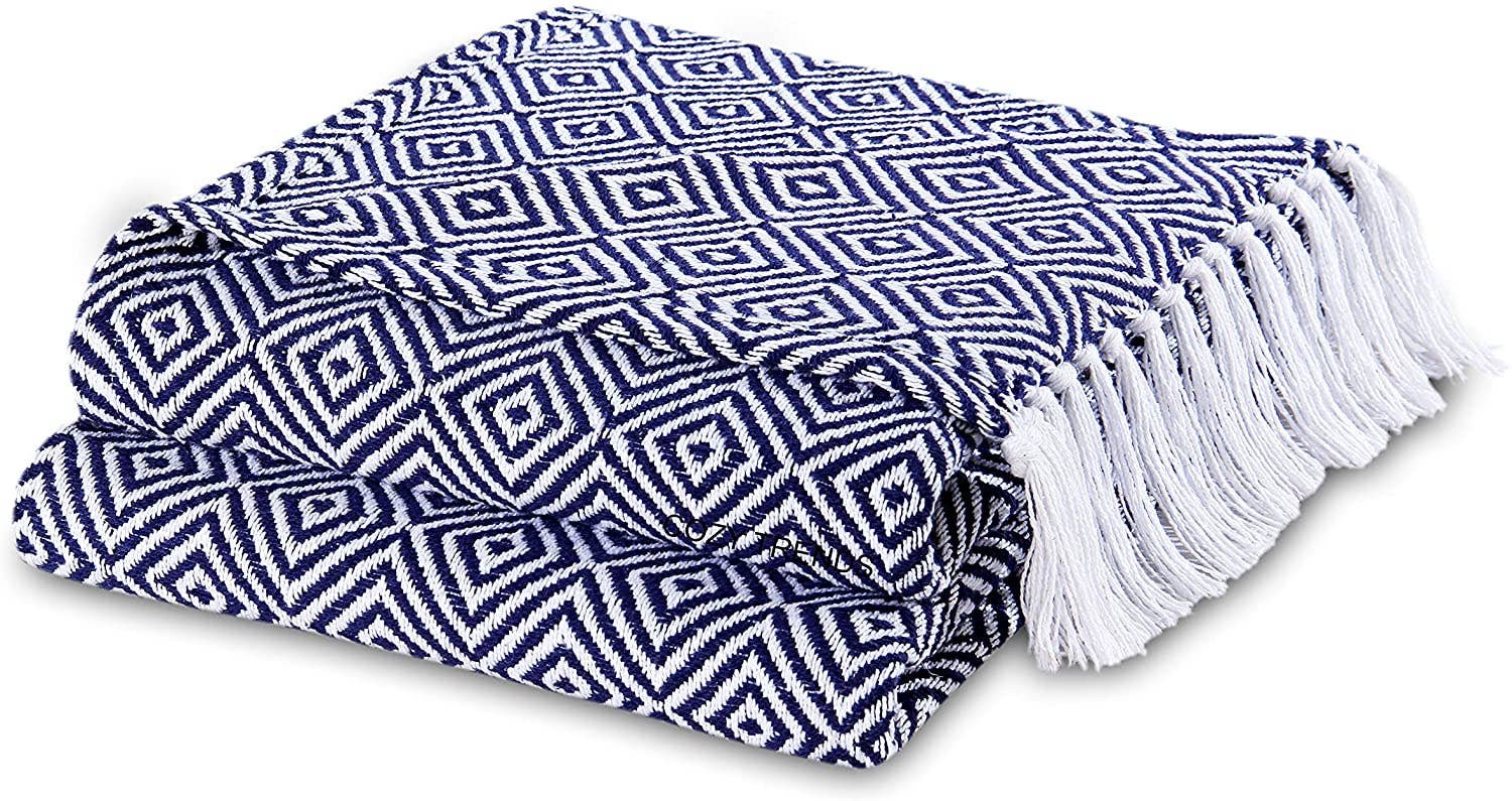 100% Cotton Hand Woven All Season Soft Throw Blanket Diamond: Blue