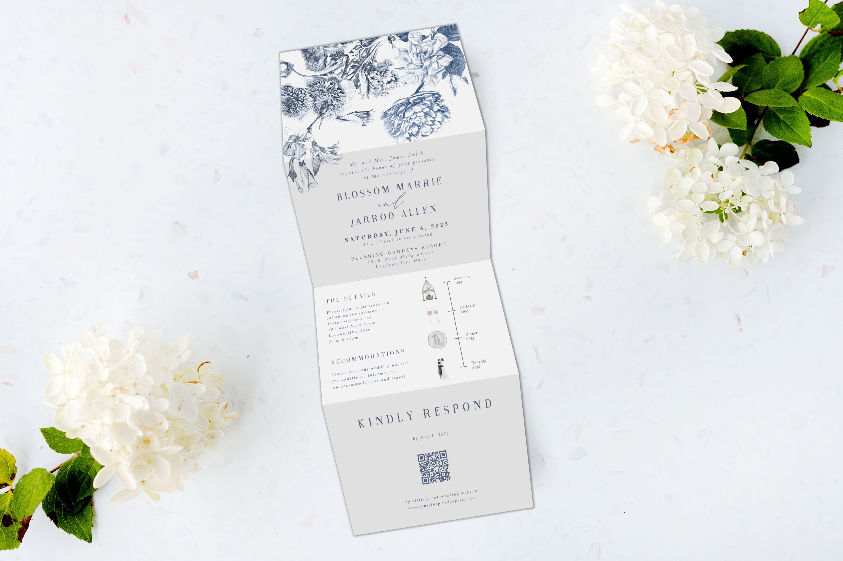 Blue Toile Tri Fold Invitation