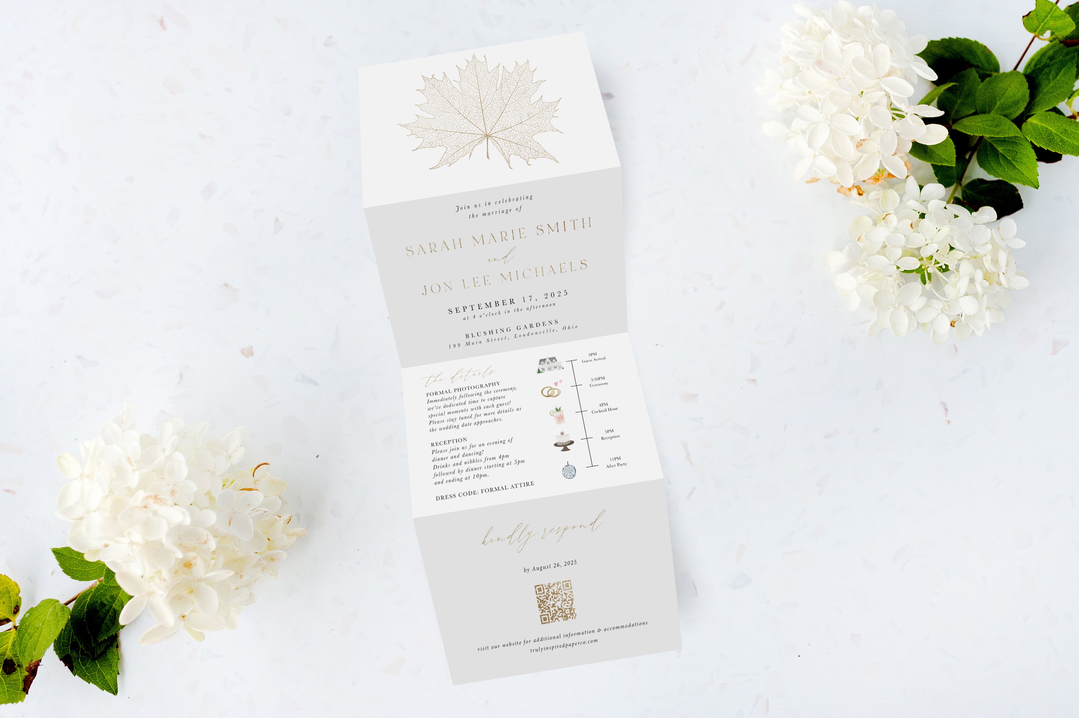 Fall Leaf Gold Foil Tri Fold Invitation
