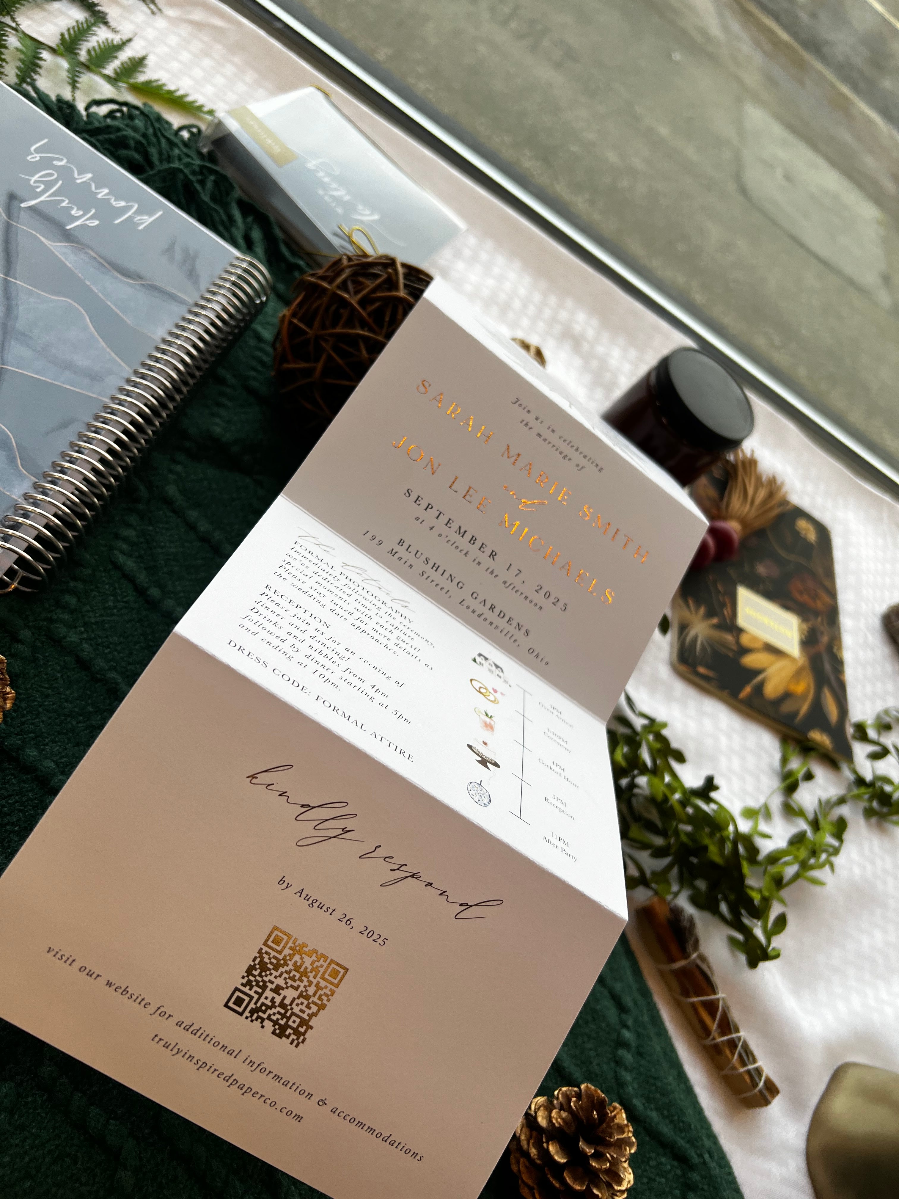 Fall Leaf Gold Foil Tri Fold Invitation