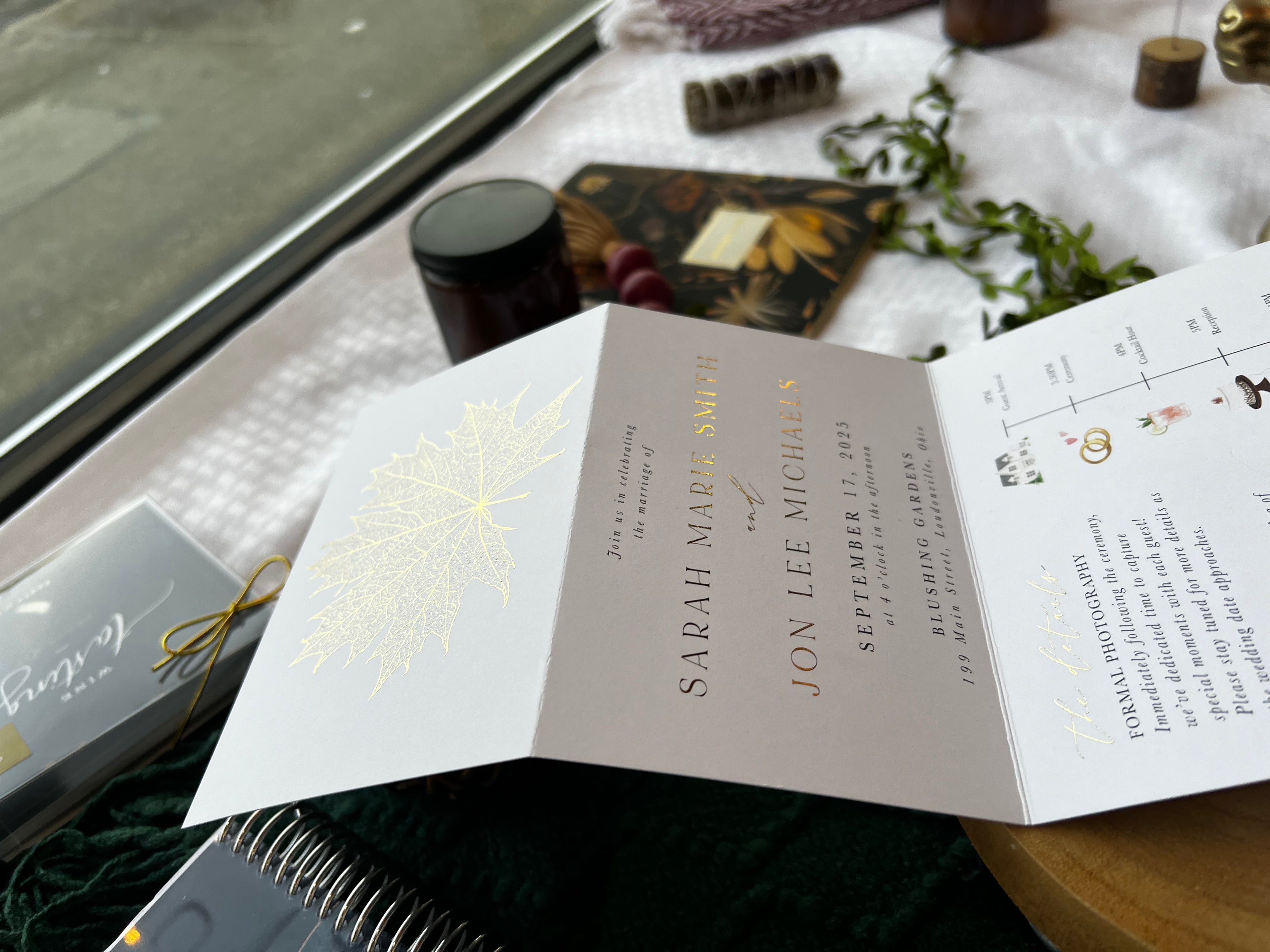 Fall Leaf Gold Foil Tri Fold Invitation