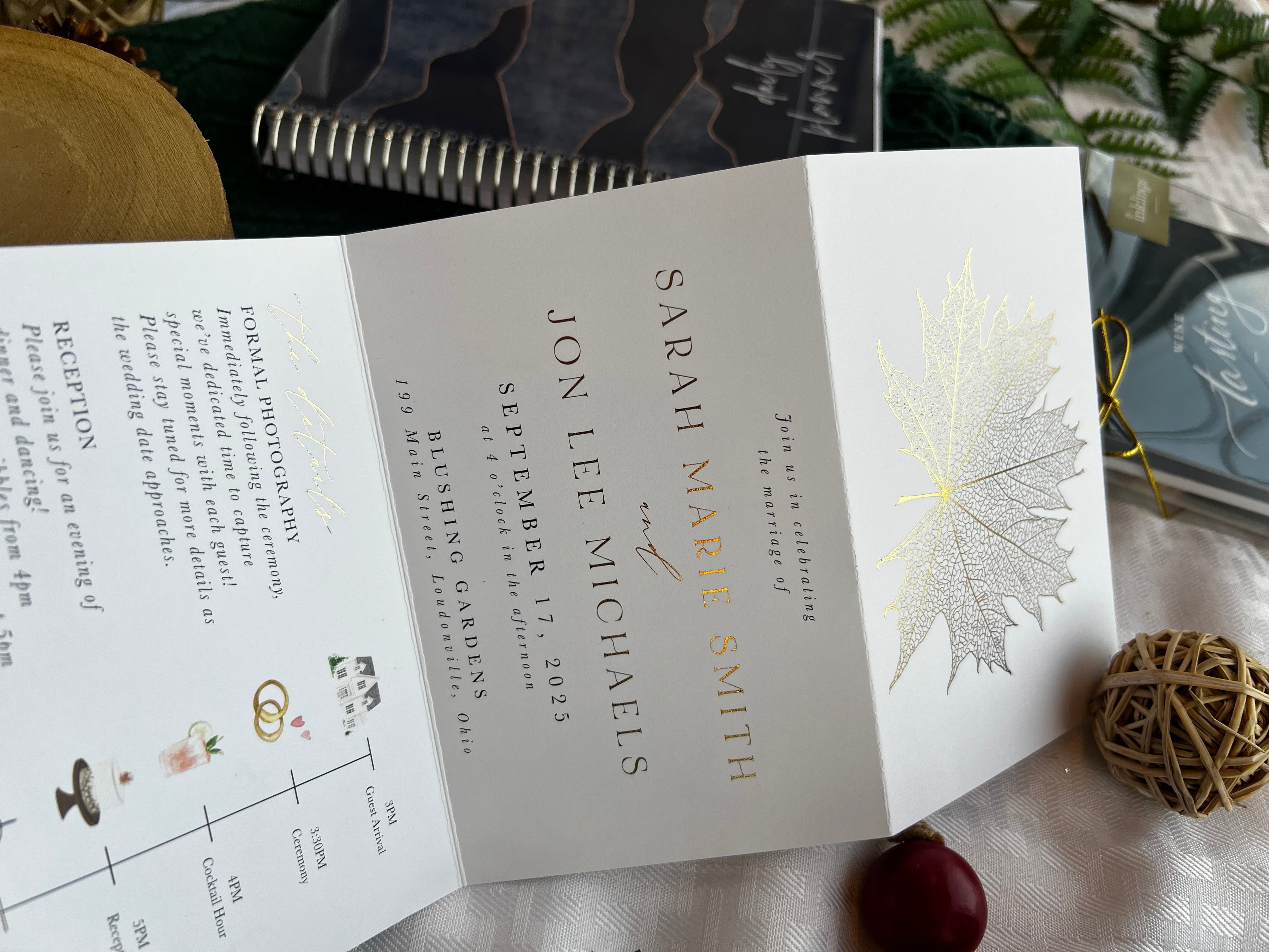 Fall Leaf Gold Foil Tri Fold Invitation