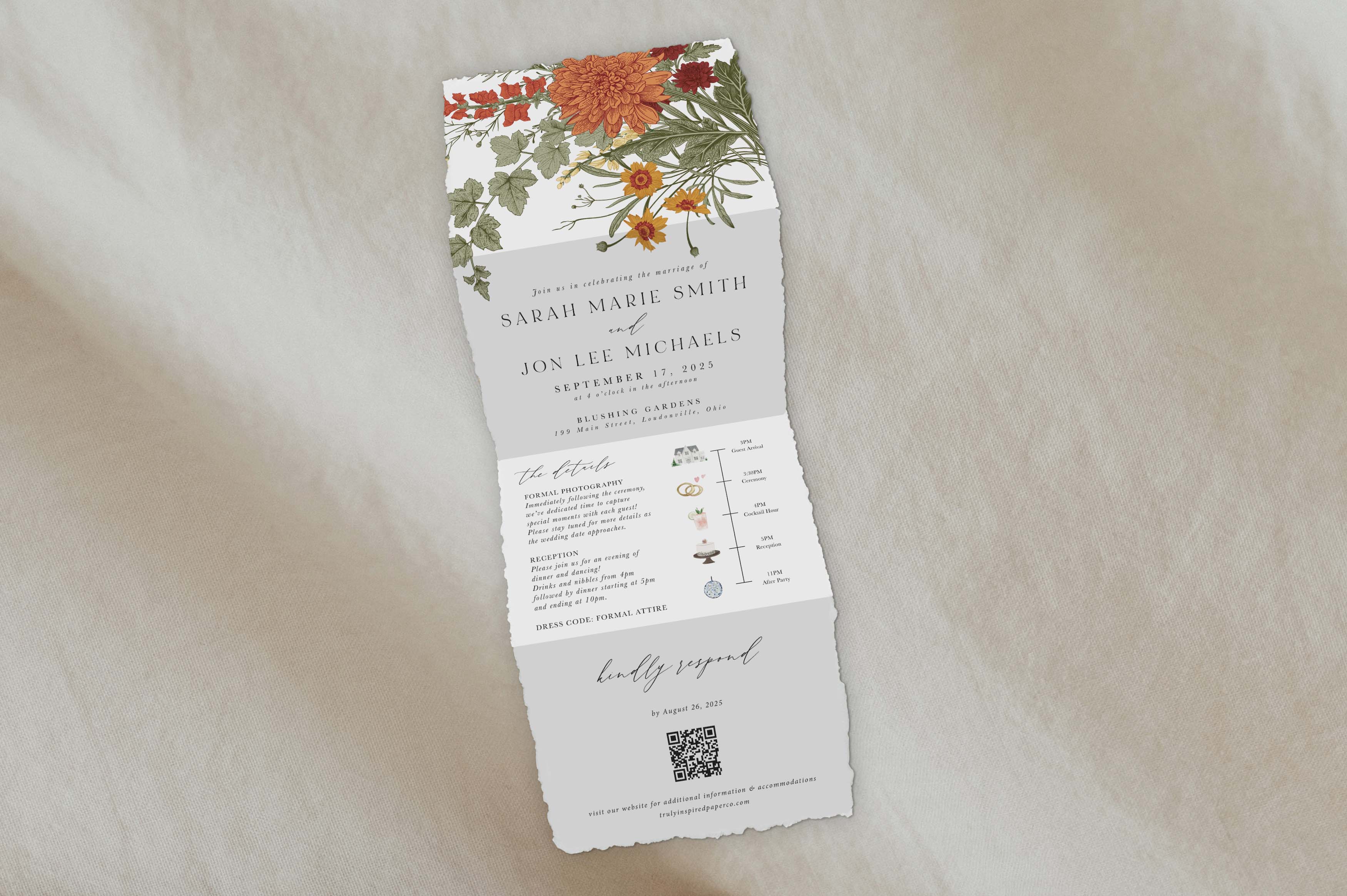 Deckled Edge Painted Foliage Tri Fold Invitation