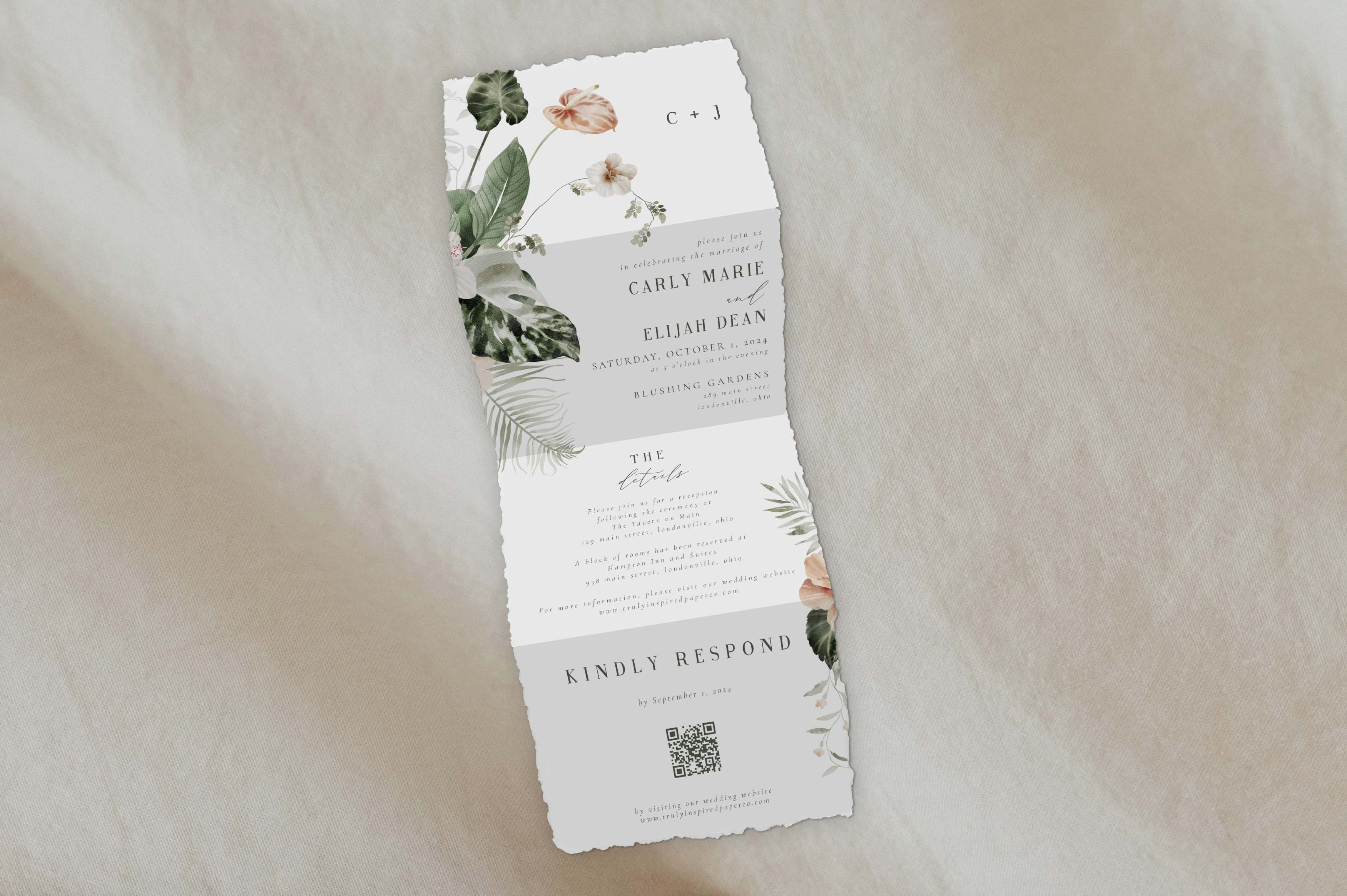Deckled Edge Tropical Boho Tri Fold Invitation