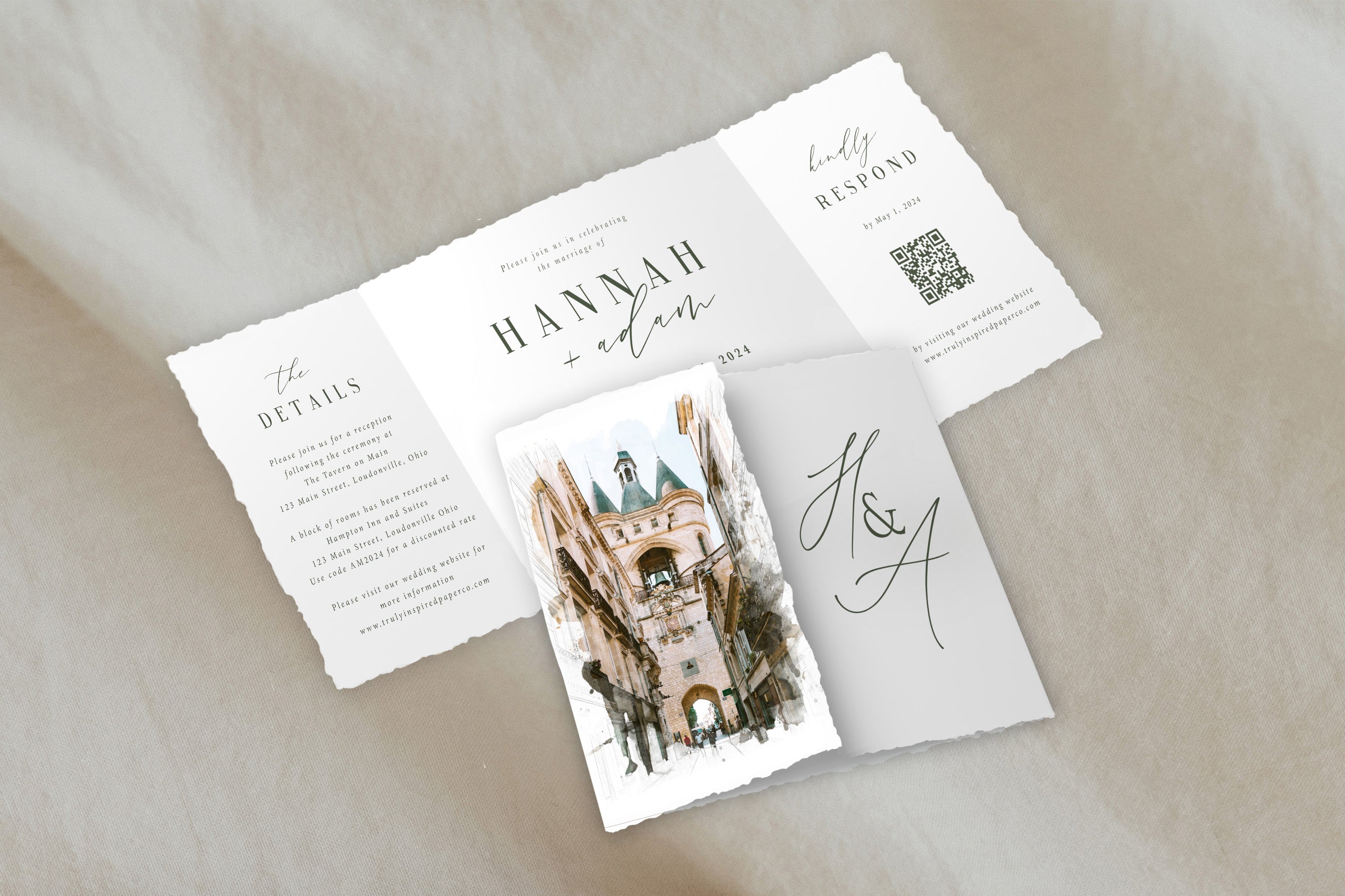 Deckled Edge Venue Watercolor Gatefold Invitation