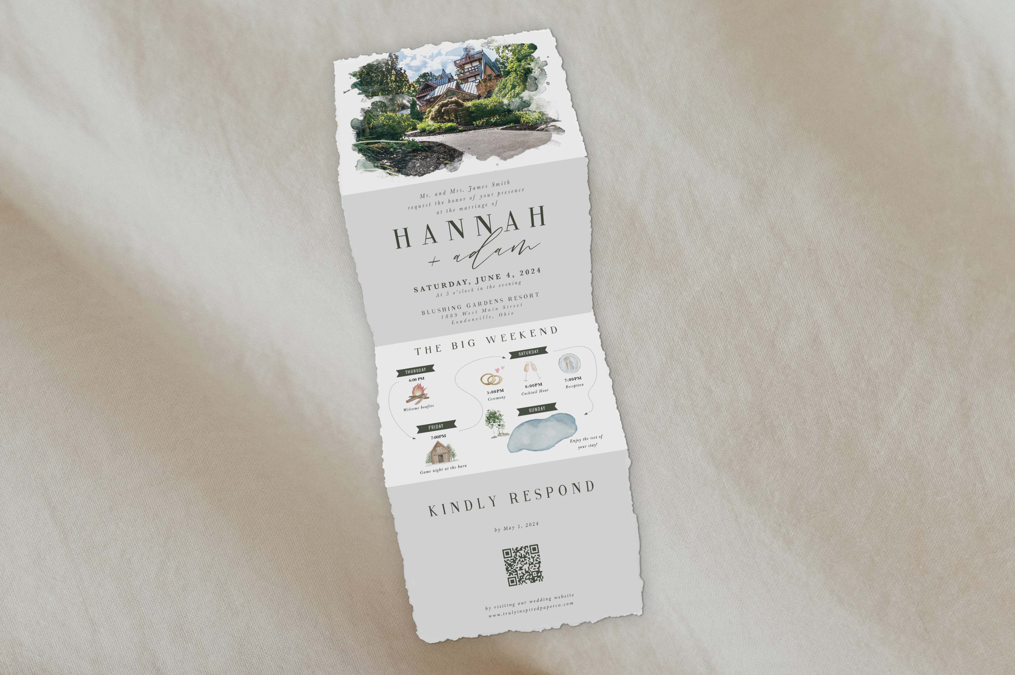 Deckled Edge Venue Watercolor Tri Fold Invitation