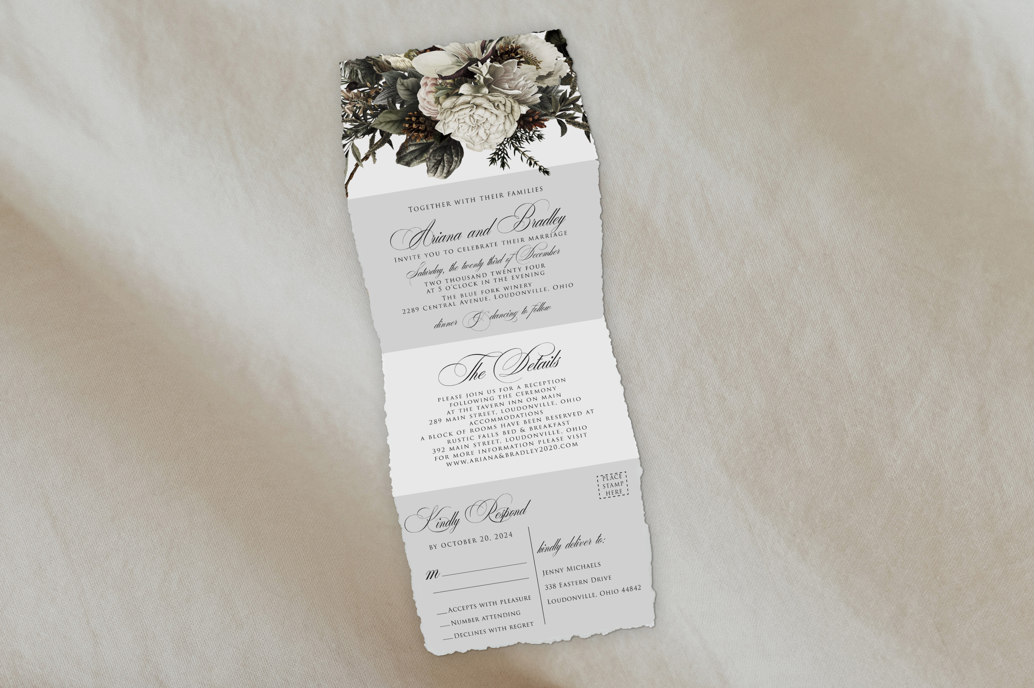 Deckled Edge Winter Florals Tri Fold Invitation