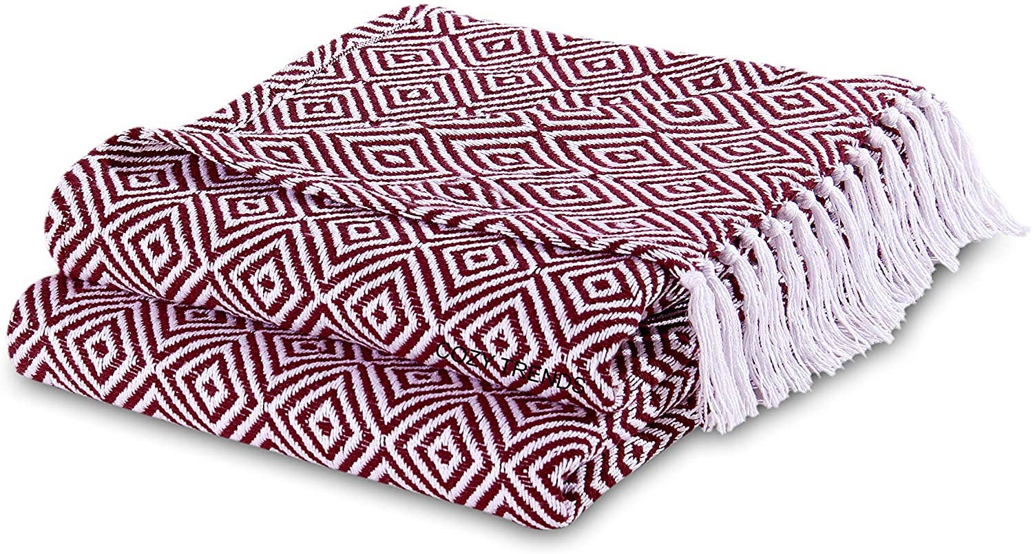 100% Cotton Hand Woven All Season Soft Throw Blanket Diamond: BURGUNDY