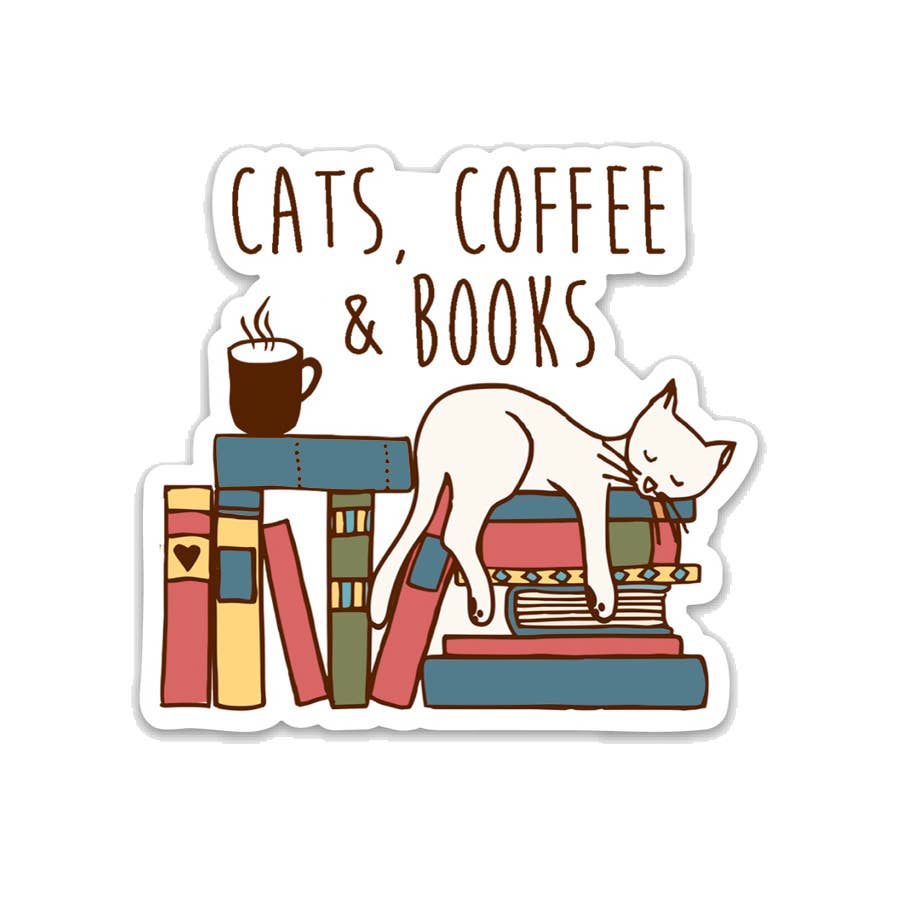 Cats, Coffee &amp; Books Vinyl Sticker: Packaged Sticker