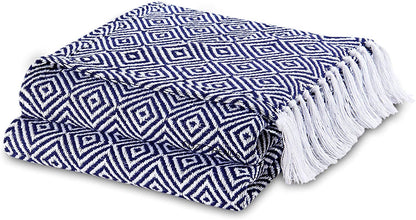 100% Cotton Hand Woven All Season Soft Throw Blanket Diamond: Blue