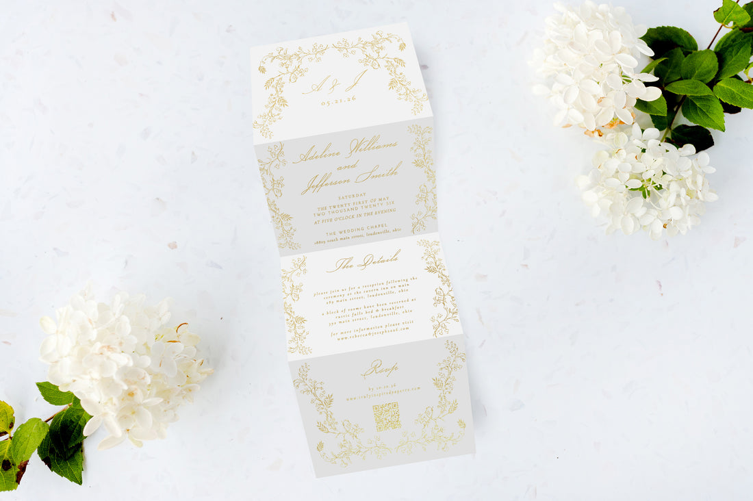 Vintage Adeline Gold Foil Tri Fold Invitation