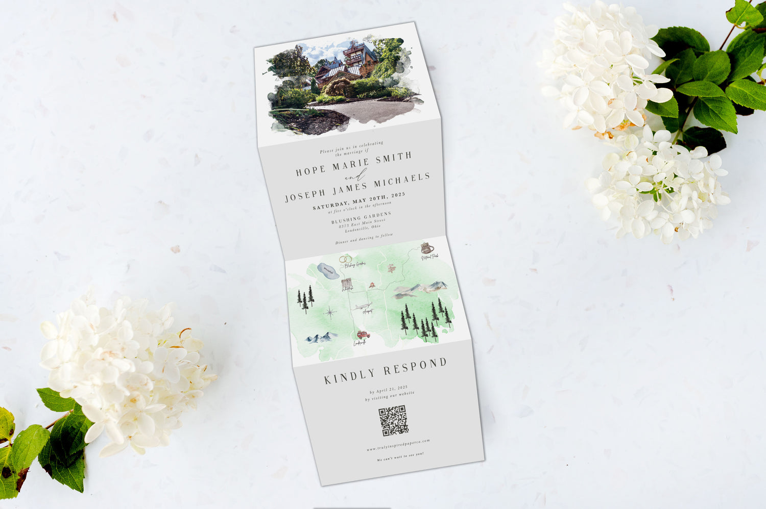 Venue Watercolor + Custom Map Tri Fold Invitation