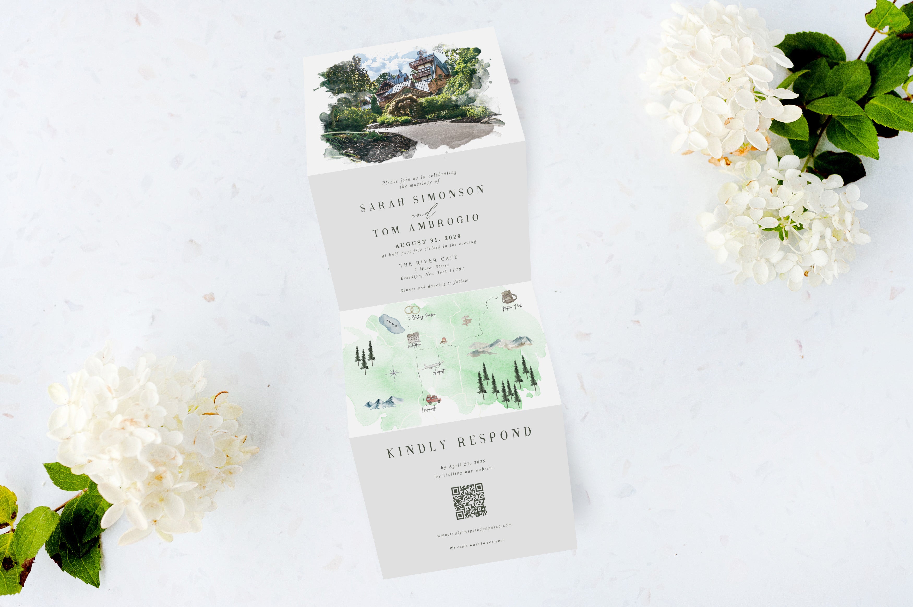 Venue Watercolor + Custom Map Tri Fold Invitation