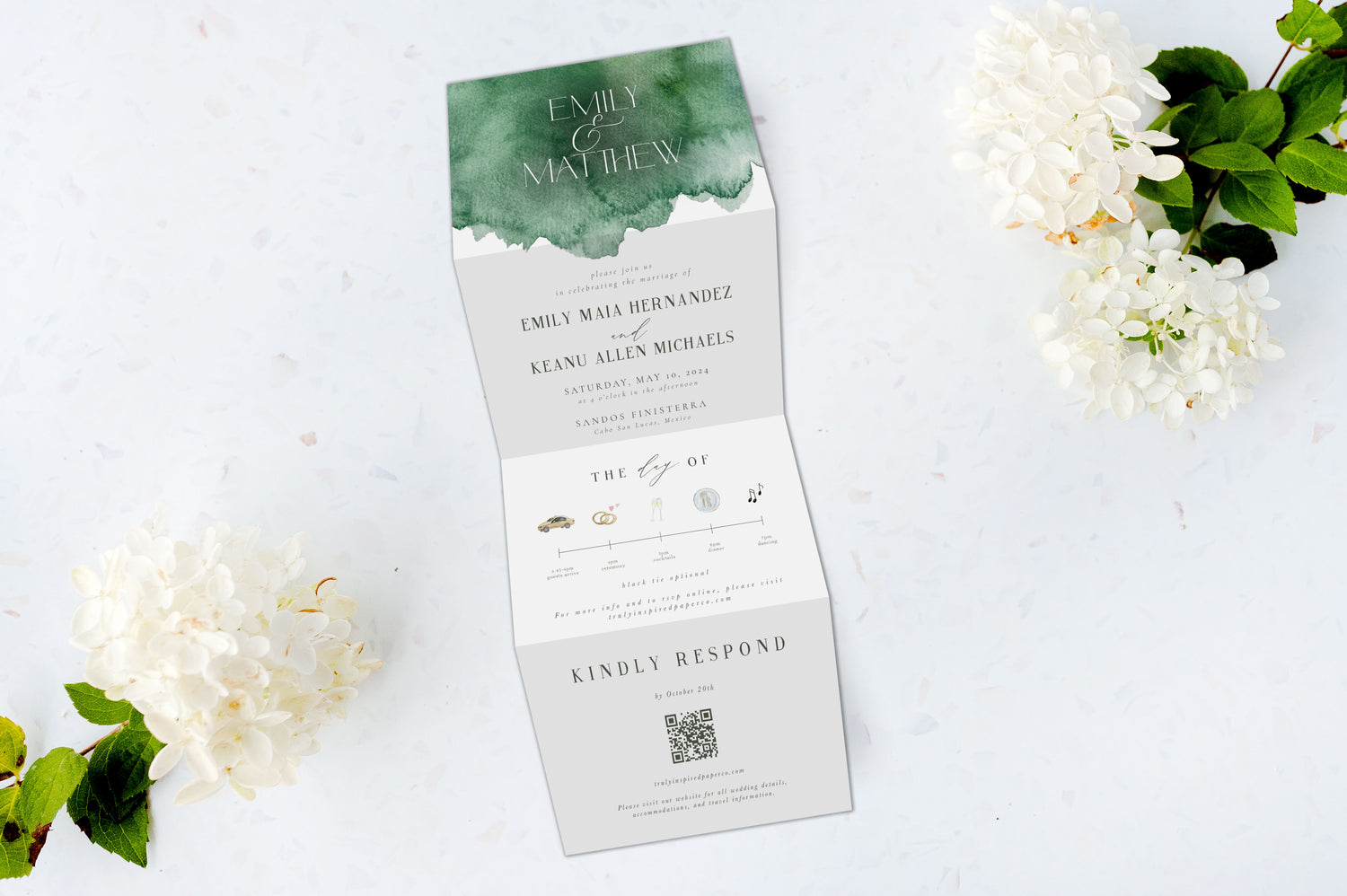 Deep Green Watercolor Tri Fold Invitation