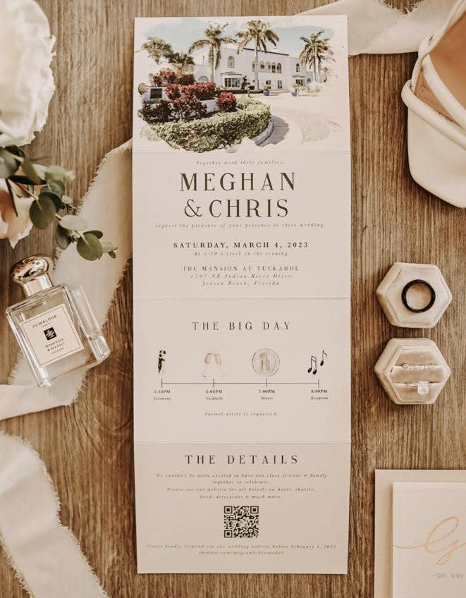 Venue Watercolor tri fold wedding invitation open showing venue map and watercolor illustration