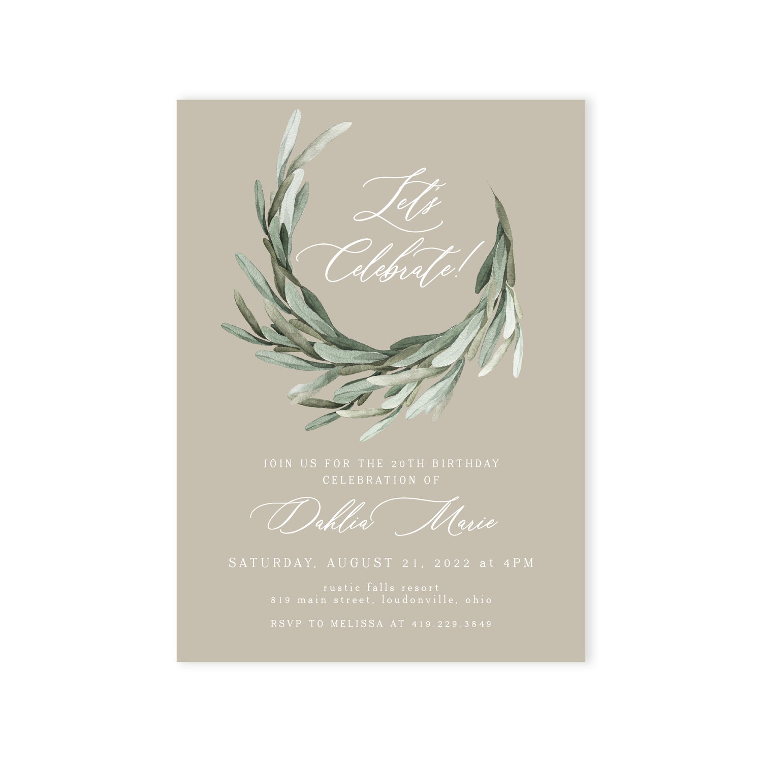 Taupe Greenery Birthday Invitation