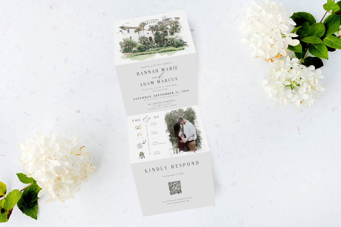 Venue + Couple Custom Watercolor Tri Fold Invitation