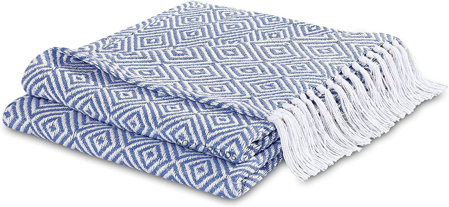 100% Cotton Hand Woven All Season Soft Throw Blanket Diamond: Blue