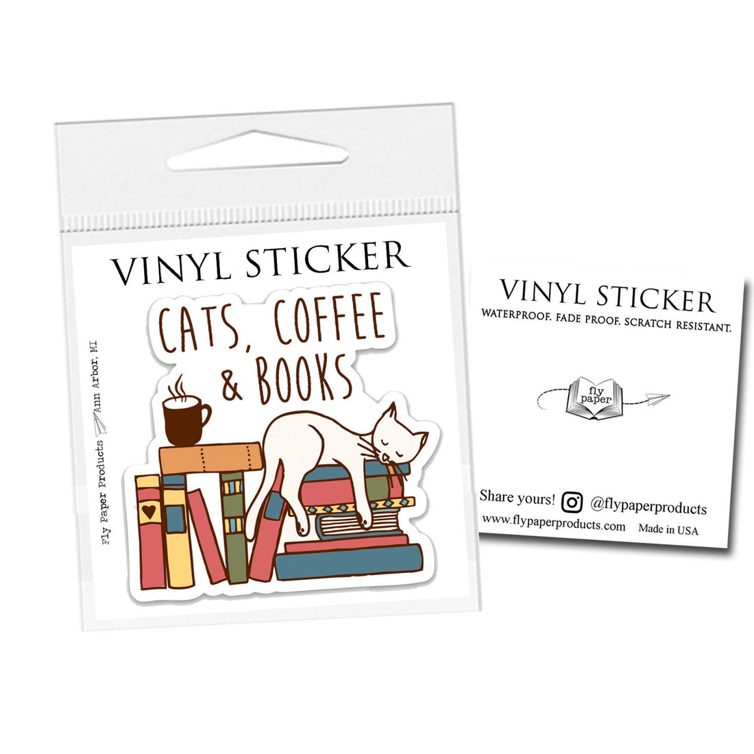 Cats, Coffee &amp; Books Vinyl Sticker: Packaged Sticker