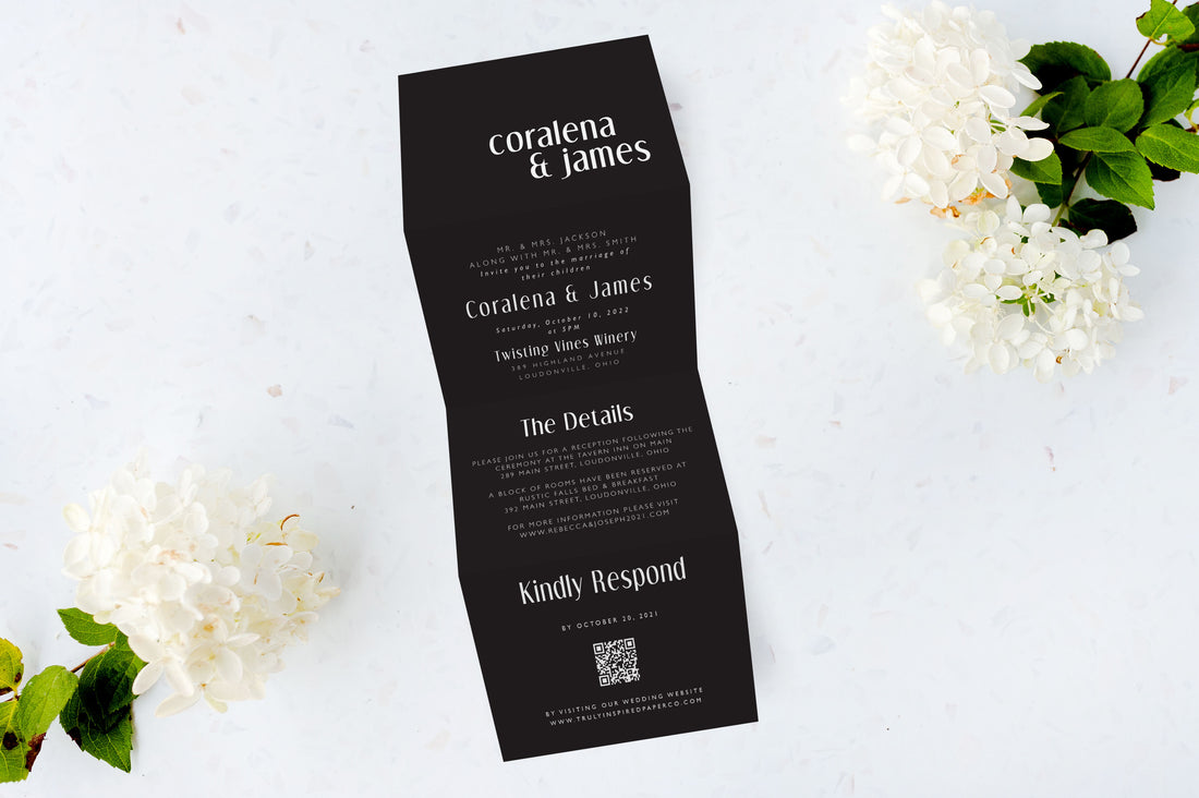 White Ink Tri Fold Wedding Invitations - The Coralena Design - Black