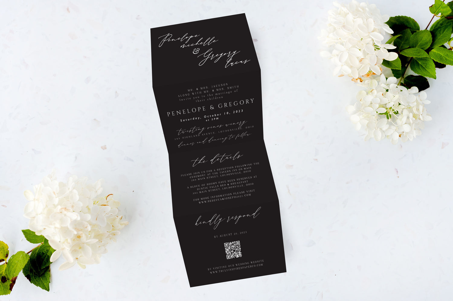 White Ink Tri Fold Wedding Invitations - The Penelope Design - Black