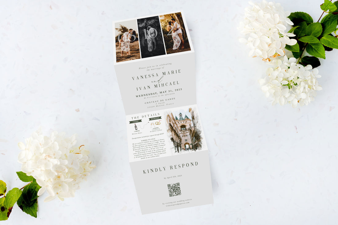 Boho Photo + Venue Watercolor Custom Tri Fold Invitation