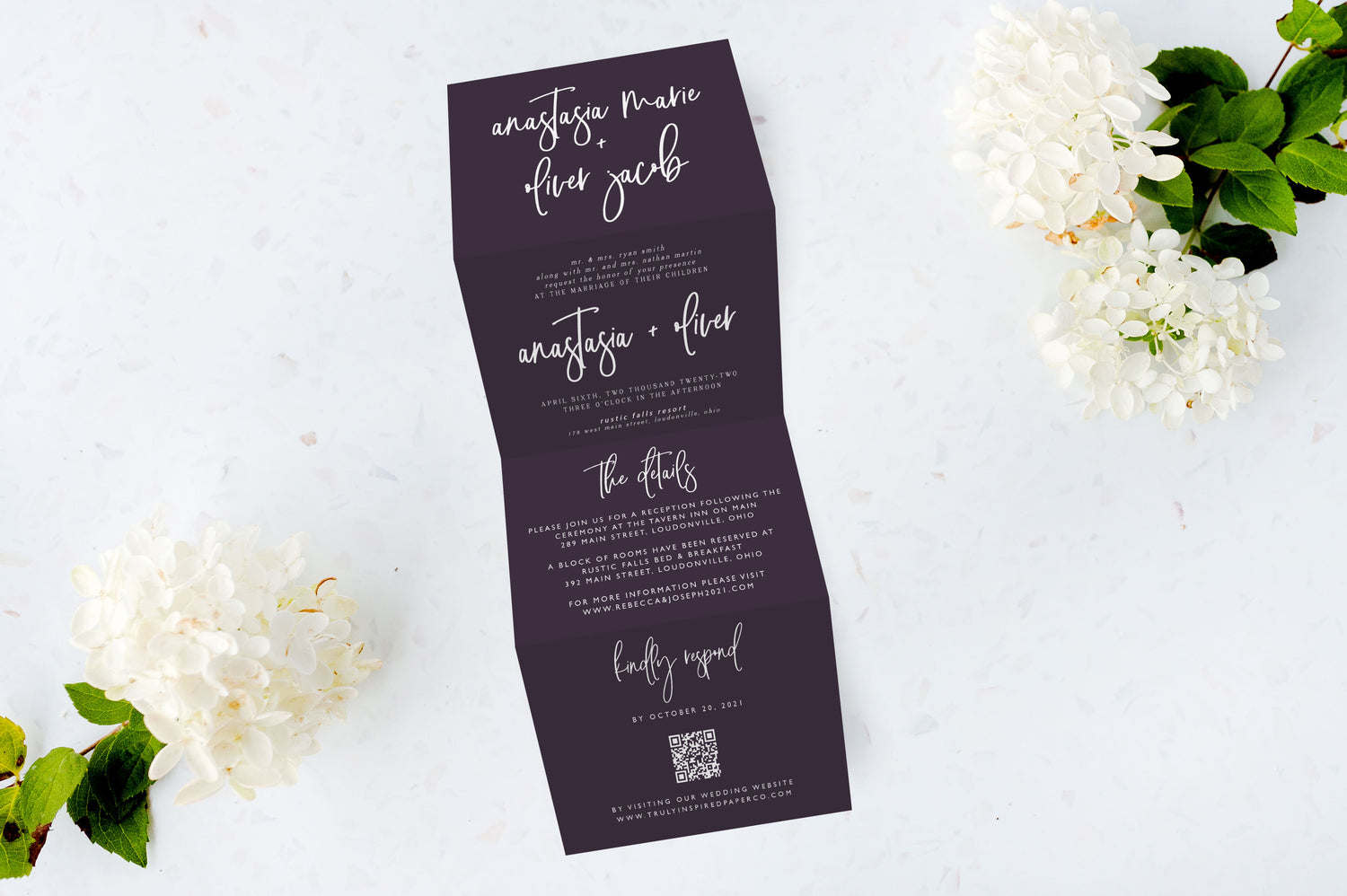 White Ink Tri Fold Wedding Invitations - The Anastasia Design - Eggplant