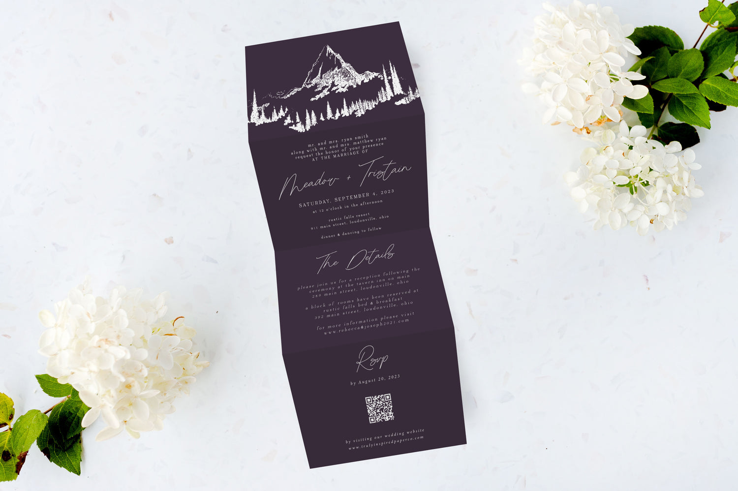 White Ink Tri Fold Wedding Invitations - The Meadow Design - Eggplant
