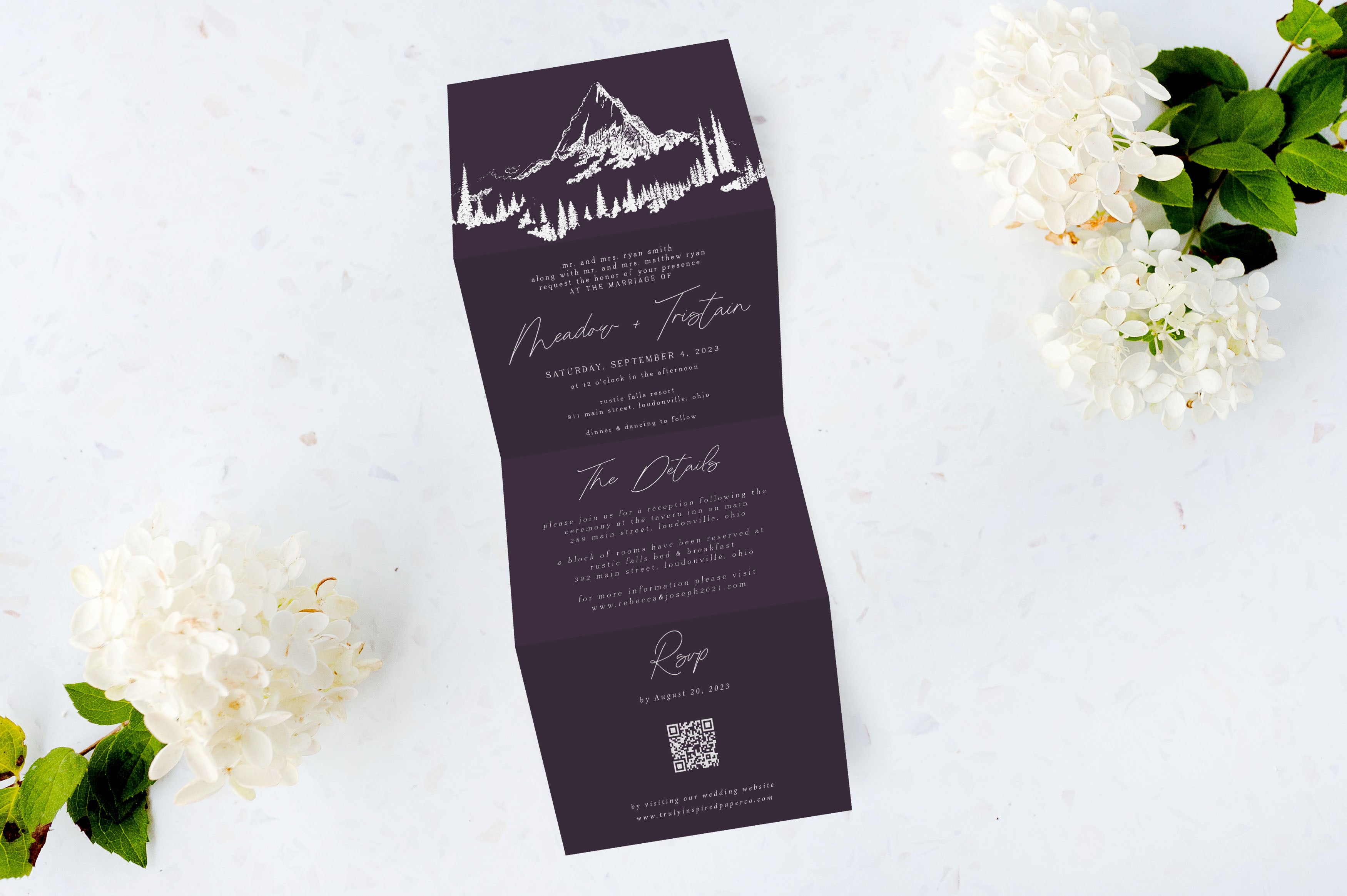 White Ink Tri Fold Wedding Invitations - The Meadow Design - Eggplant