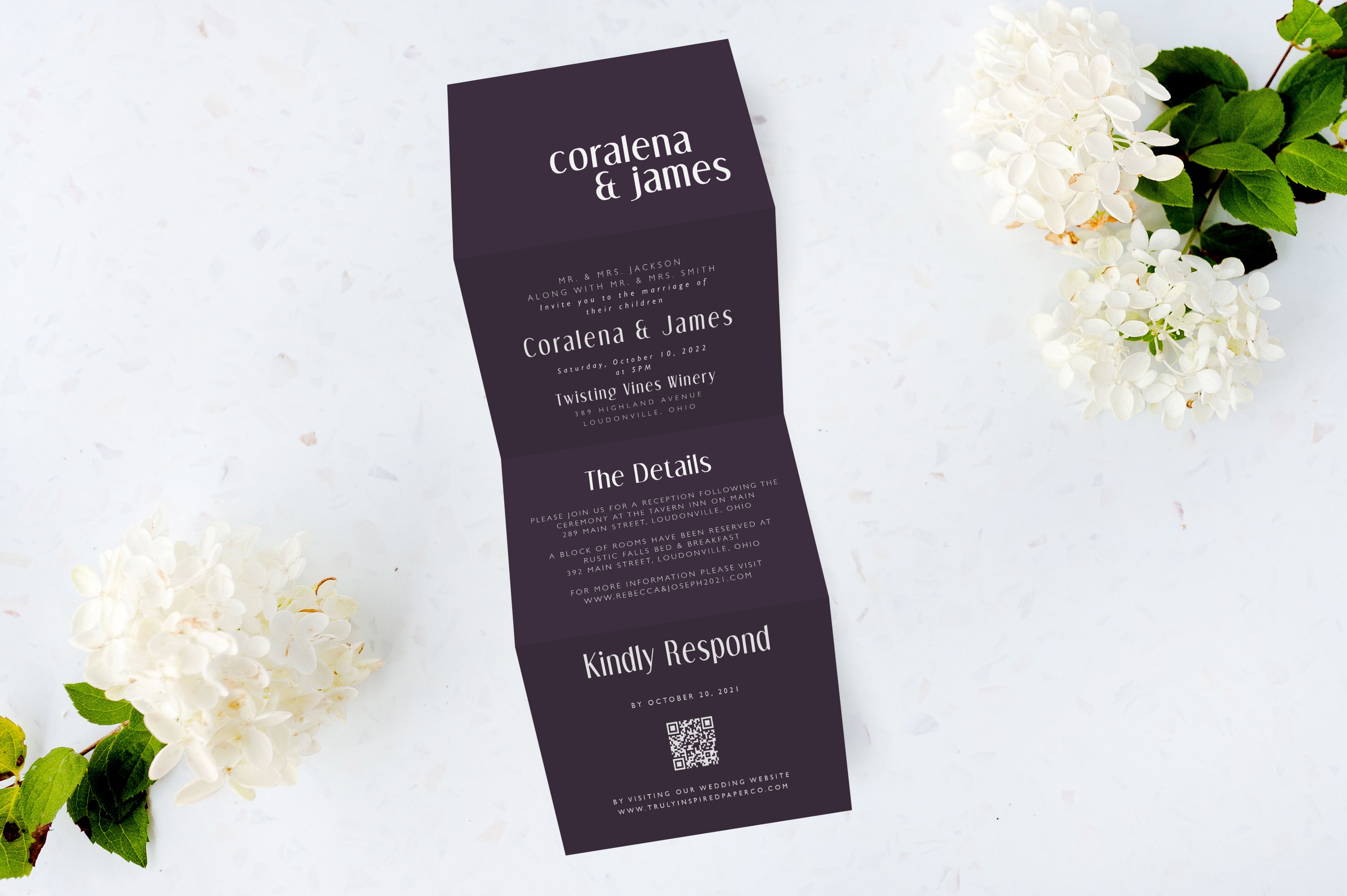 White Ink Tri Fold Wedding Invitations - The Coralena Design - Eggplant