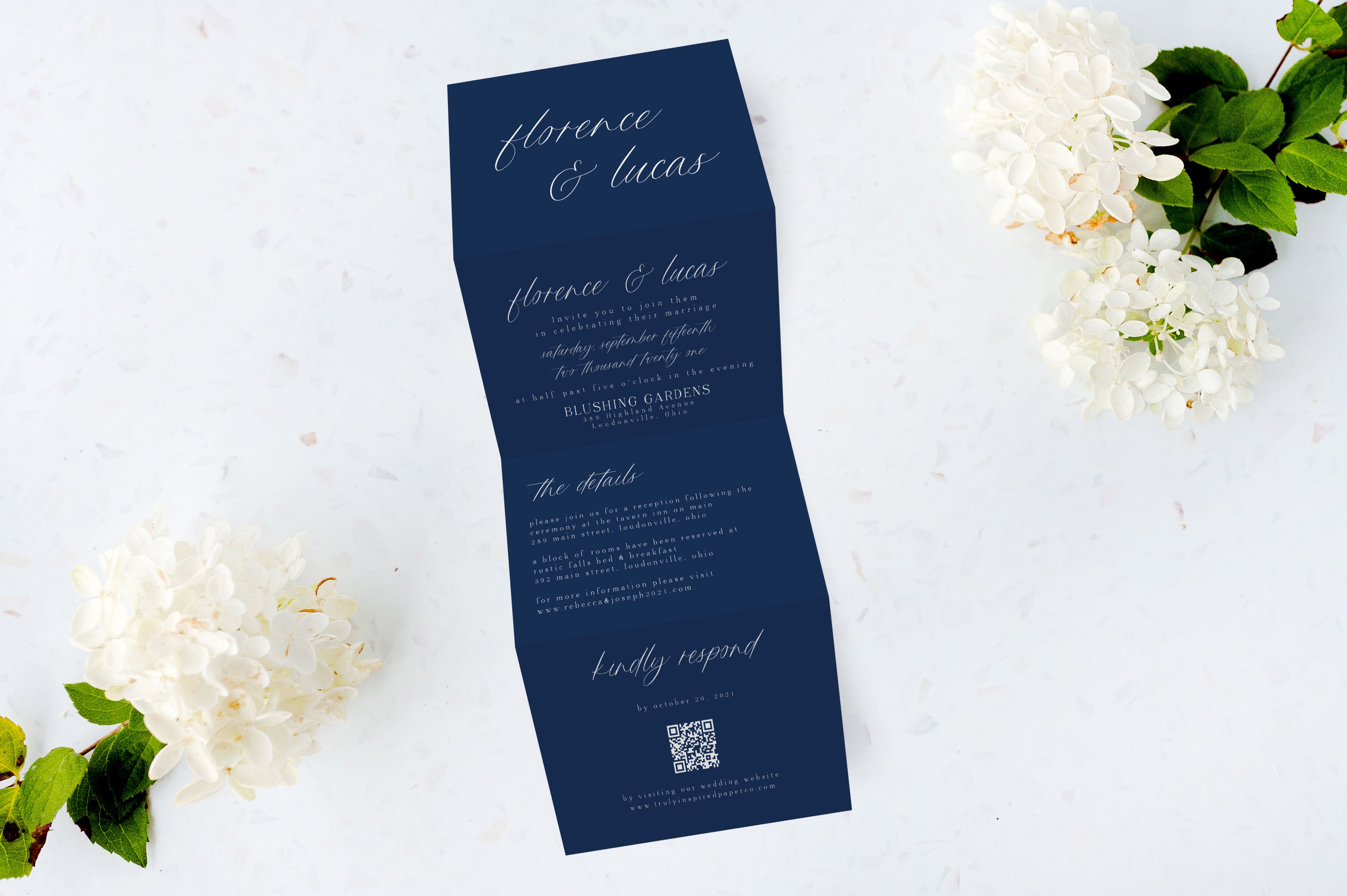 White Ink Tri Fold Wedding Invitations - The Florence Design - Navy