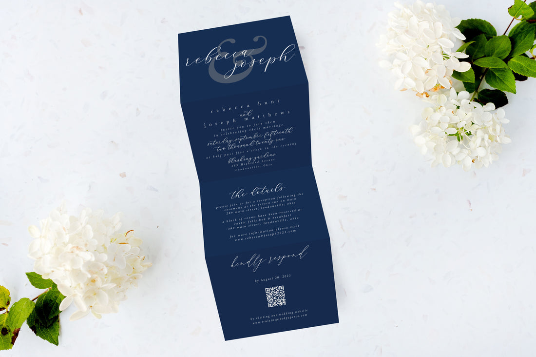 White Ink Tri Fold Wedding Invitations - The Arya Design - Navy