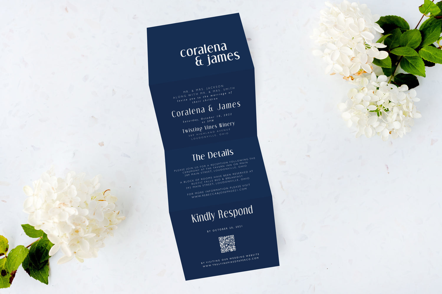 White Ink Tri Fold Wedding Invitations - The Coralena Design - Navy