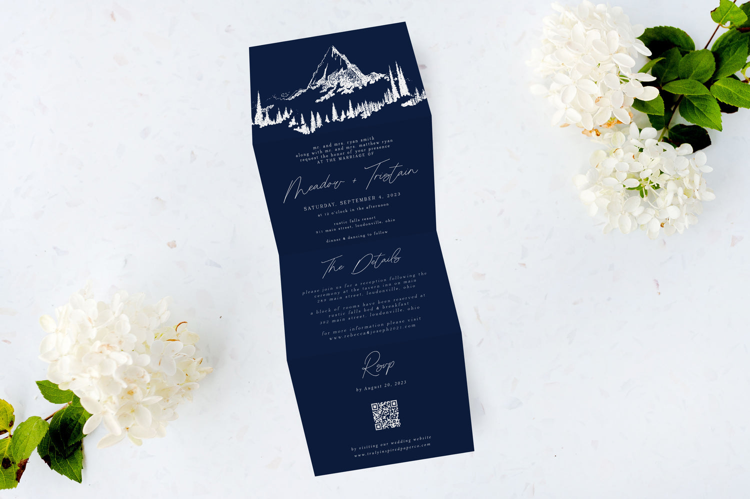 White Ink Tri Fold Wedding Invitations - The Meadow Design - Navy