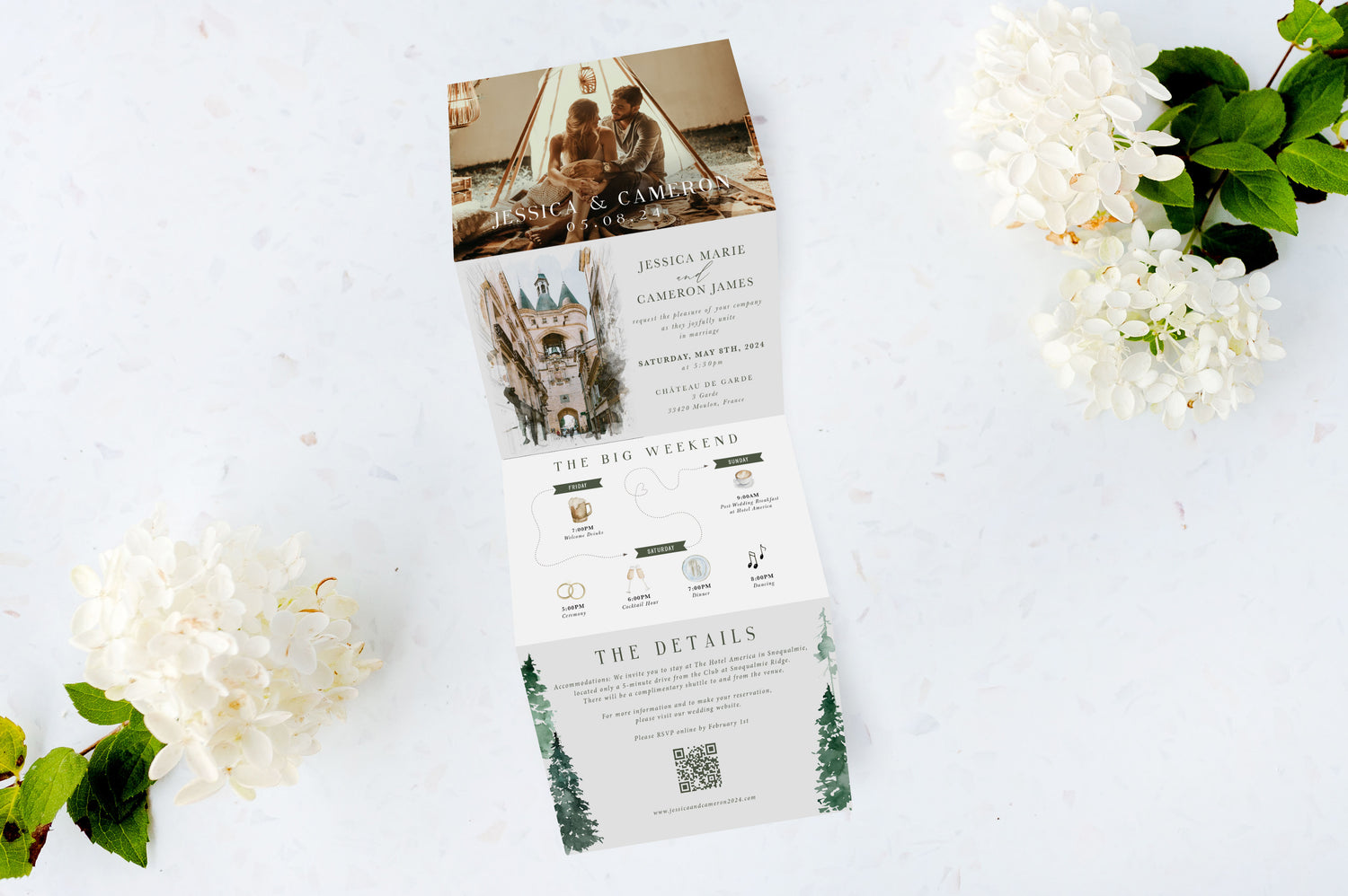 Spruce Tree, Photo + Venue Watercolor Custom Tri Fold Invitation