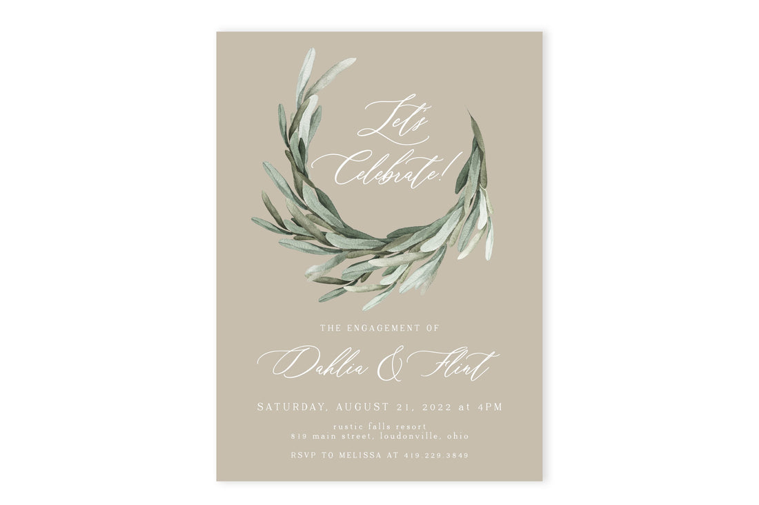 Taupe + Greenery Engagement Party Invitation