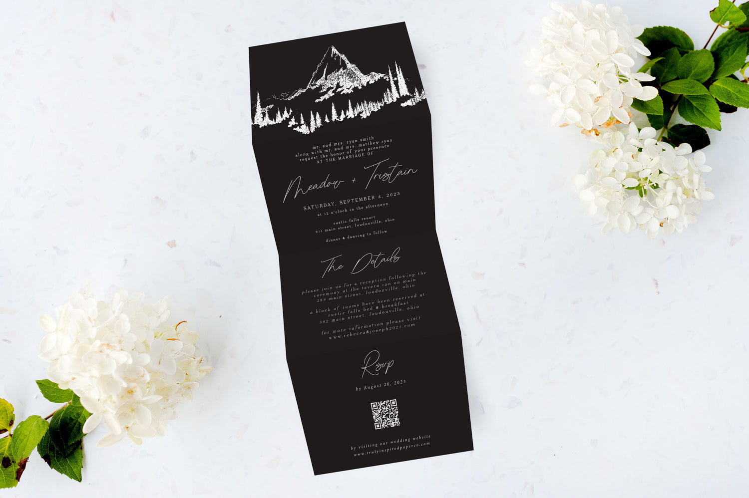 White Ink Tri Fold Wedding Invitations - The Meadow Design - Black